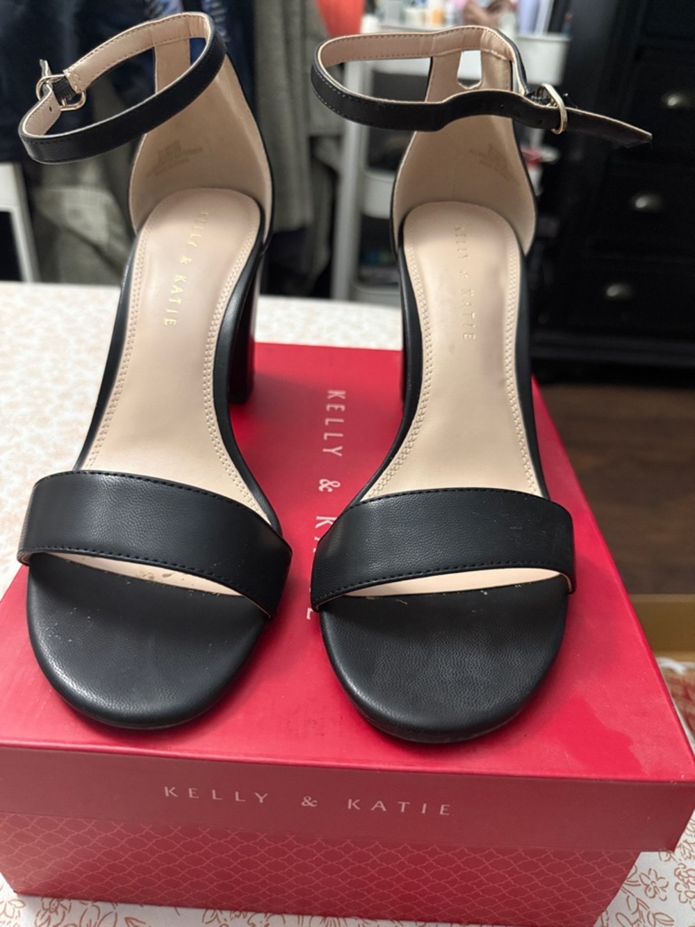 Kelly & Katie Black Ankle-Strap Block Heel Sandals